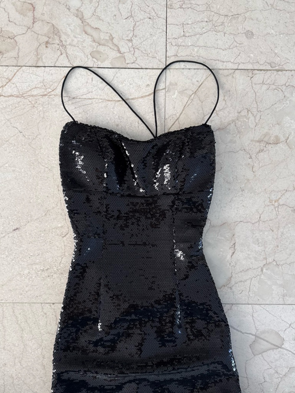 Sherri Hill Black Sequin Maxi Dress Gown Open Strap Back
